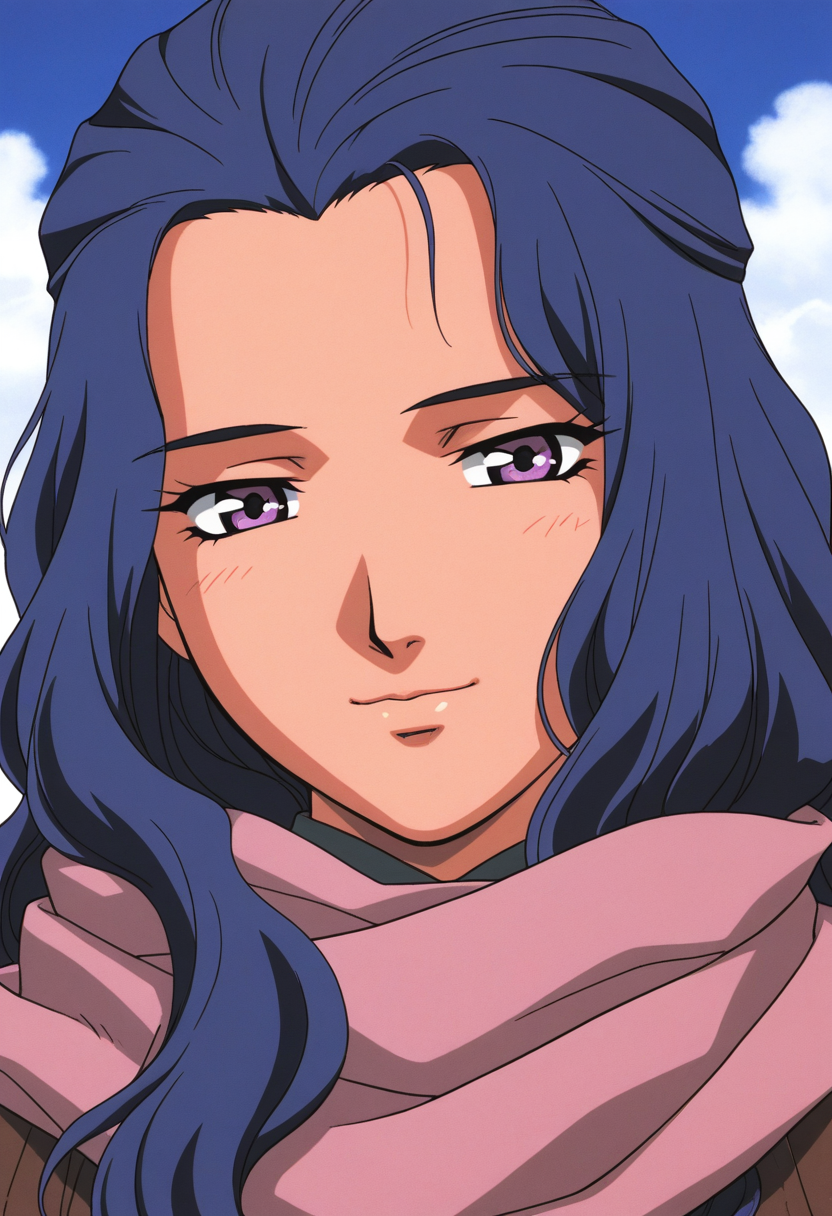 masterpiece, best quality, source_anime,official art,perfect_anatomy,2000s_\(style\),retro_artstyle,1girl,solo,Shoukei,purple_eyes,,blue_hair,long_hair,wavy_hair,scarf,winter_clothes,looking_at_viewer,anguish smile,portrait,day,blue_sky,cloud