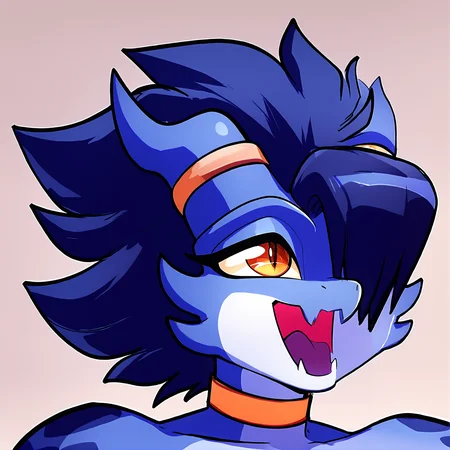 zPDXL3, kobold, solo, tongue, anthro, orange eyes, hair over eye, horn, open mouth, blue hair, buk0, <lora:Buko2-000012:1>