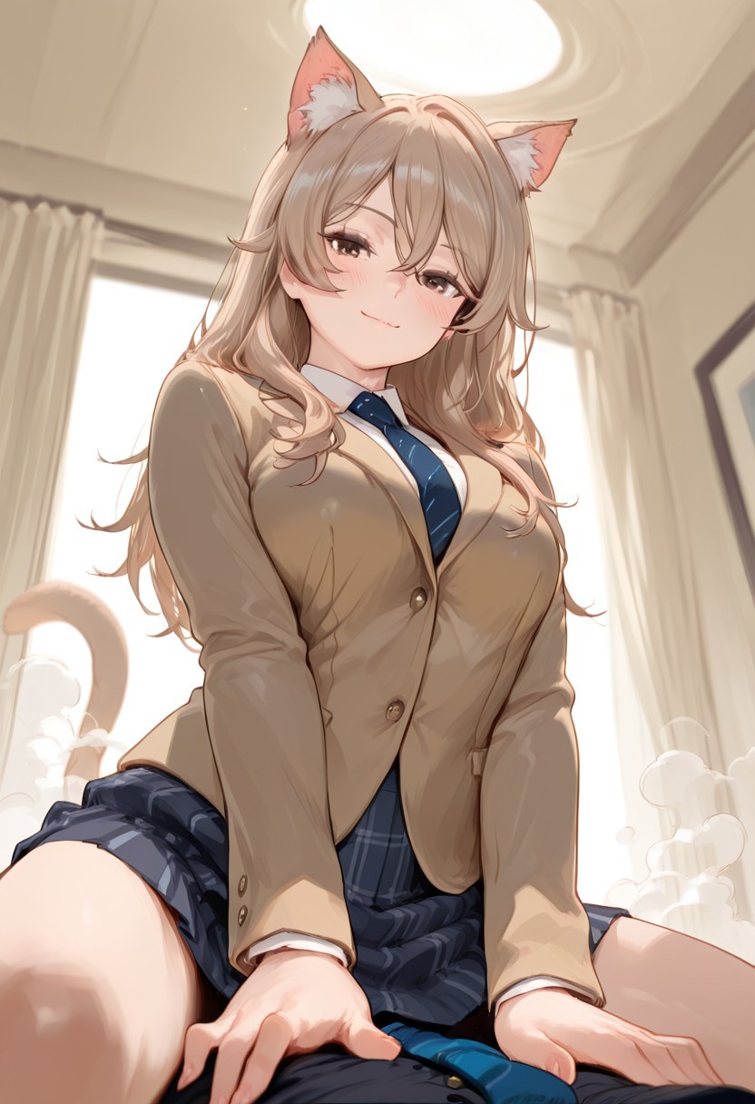 masterpiece, high quality, absurdres, depth of field, vivid colors, sharp focus, cinematic lighting, smooth shading, intricate details, very aesthetic, 8K, HDR, 
1girl, solo, long hair, light brown hair, brown eyes, blush, hair between eyes, cat ears, cat tail, looking at viewer, steam, from below, , smile,  indoors, closed mouth, skirt, blazer, tie, medium breasts
detailed skin, detailed eyes, perfect face, professional photography, perfectly composed, no defects, perfect hands, perfect anatomy, no extra fingers, no disfigured face, no asymmetrical eyes, no unnatural body proportions, straddling