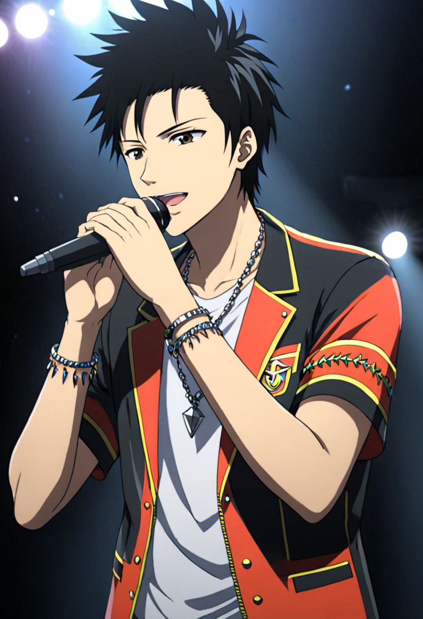 solo, 1boy, detailed_eye_model, easynegative, Soujirou Agata, Brown Eyes, Black Hair, singing, stage, backstage screen, spotlight, speaker, confident, passionate, microphone, flashy clothes, necklace, bracelet