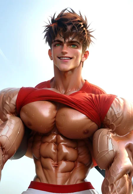 score_9, score_8_up, score_7_up, ((Expressiveh: 1.3)), sharp, ((1 boy)), ((solo)), short hair, (dark_skin), brown hair, green eyes, handsome, manly, sharp face, toned, very tall, (veiny body), muscular, shiny skin, (perfect eyes:1.1), adult, strong, broad shoulders, wide chest, pecs, abs, biceps, ((small waist)), puffy nipples, huge bulge, Dungarees, big pecs, ((dynamic view angle)), farm field, cows, background, hot, warm colours, sun, crops, ((sweaty body)), glistening sweat, shirtless, ((hand lifting shirt)), smiling, happy.