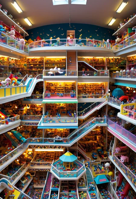 huge toy store. Its shelves and racks are strewn from top to bottom with all kinds of toys. On the lower shelves there are rubber balls, multi-colored pyramids and construction sets. The middle shelves contain soft toys   animals and birds. Top shelves - chic dolls in silk dresses and radio-controlled cars