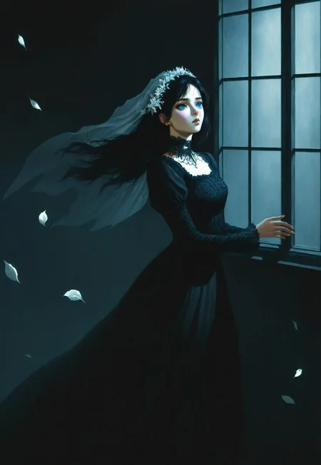 opill,

an oil painting of a beautiful 19th century bride, framed by a window, at night, staring into the darkness in fear and expectation.  fallen leaves, blowing wind, gothic,

dramatic light, at night, framed by window, shadows, extremely high quality