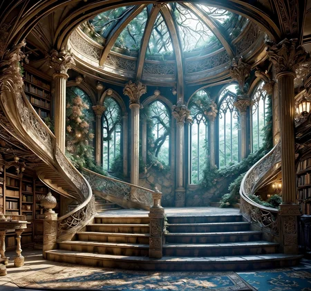 RAW photo, (masterpiece:1.3), subsurface scattering, heavy shadow, (high quality:1.4), (intricate, high detail:1.2), professional photography, HDR, High Dynamic Range, realistic, ultra realistic, photorealistic, high resolution, film photography, ambient lighting, atmospheric effects, <lora:detail_slider_v4:2>, OverallDetail, <lora:ElvenInterior:1>, book, carpet, column, elfint, library, nature, no humans, pillar, plant, ruins, scenery, stairs, sunlight, tree, window