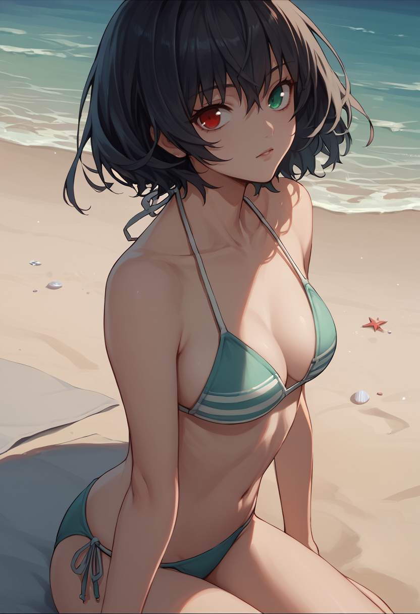 score_9, score_8_up, score_7_up,  source anime,  1girl, mskr, black hair, short hair, red eyes, green eyes, heterochromia,  bikini, beach, looking at viewer,    <lora:Misaki Mei REX-000008:1>