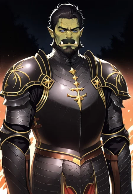 score_9, score_8_up, score_7_up, rating_safe, 1boy, solo, male focus, mature male, orc, green skin, tusks, blue eyes, short hair, black hair, facial hair, beard, mustache, looking at viewer, armor, shoulder armor, breastplate, pauldrons, upper body, closed mouth, standing, outdoors, night, night sky, dark background