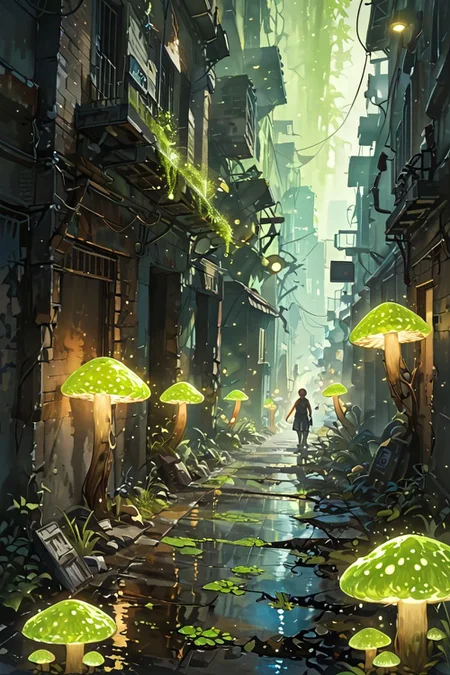 detailed background,Cinematic Lighting,film grain,score_9,score_8_up,score_7_up,masterpiece,best quality,highly detailed,
<lora:(增强)sdxl_lightning_8step_lora:1>,<lora:glowneon_xl_v1:1>,glowing,<lora:ExpressiveH:0.8>,Expressiveh,<lora:(增强)Hands XL 4:1>,hand person,<lora:ArsMJStylePony - Watercolor:0.4>,arsmjstyle,watercolor,
(Dark Street Alley:2),(hyper detailed:2),(ultra sharp focus:2) night,dark:2,(glowing bioluminescence:2),small green mushrooms,glowing,(abandoned:2),earth element,water element,bones,(glowing moss:2),(glowing small green mushrooms:2),(small glowing dots:2),(glowing green particles:2),glowing particles,(glowing mushrooms:2),dynamic angle,(best quality:1.9),(masterpiece:1.9),(highest detailed:1.9),(angle:1.9),pov,perfectly lighted,(contrast),(saturated),(((sharp focus))),