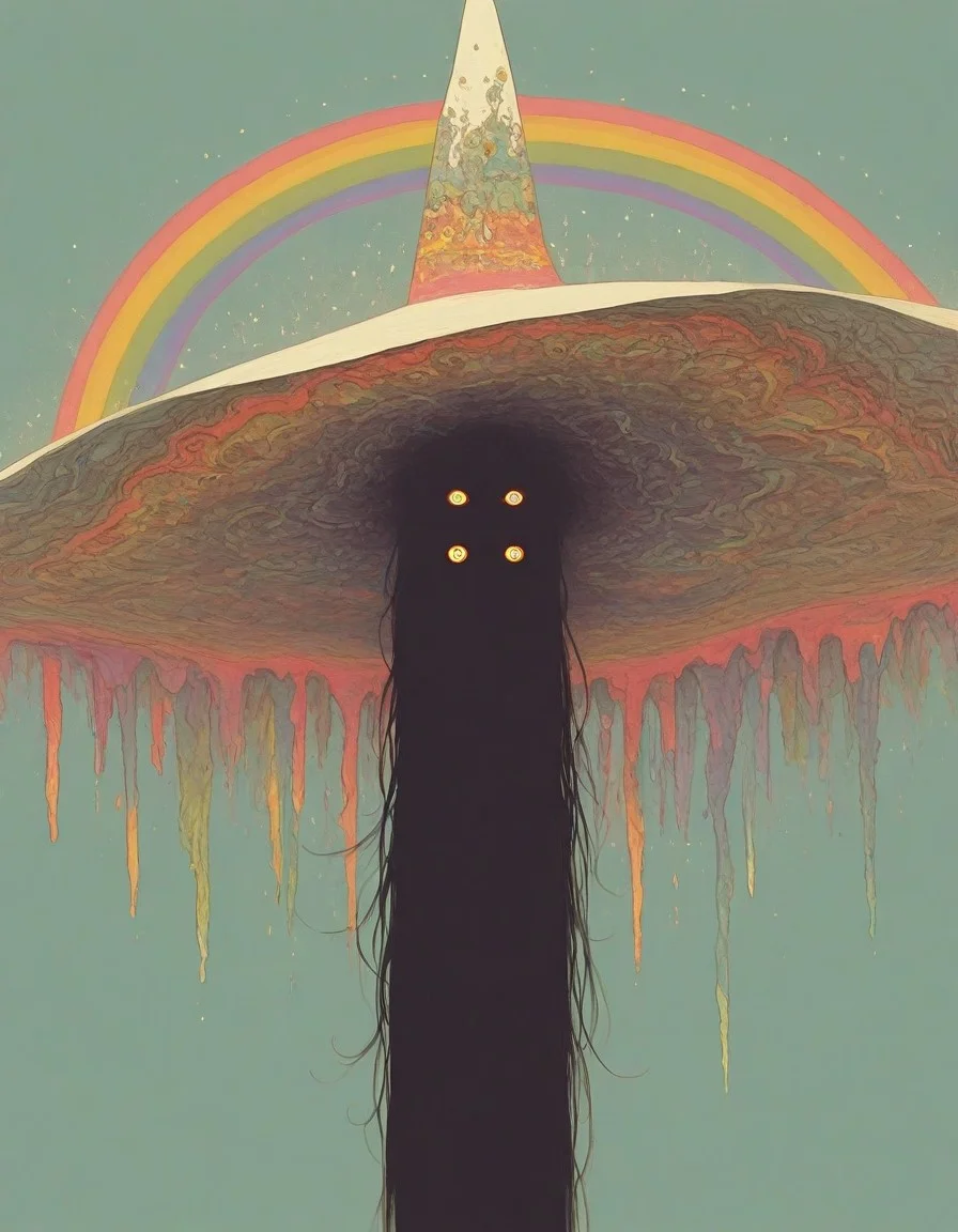 best quality, hires, surreal, solo, 1girl, simple background, yellow eyes, peeking out, colorful background, rainbow order, outdoors, hat, long hair, black hair, vdsur