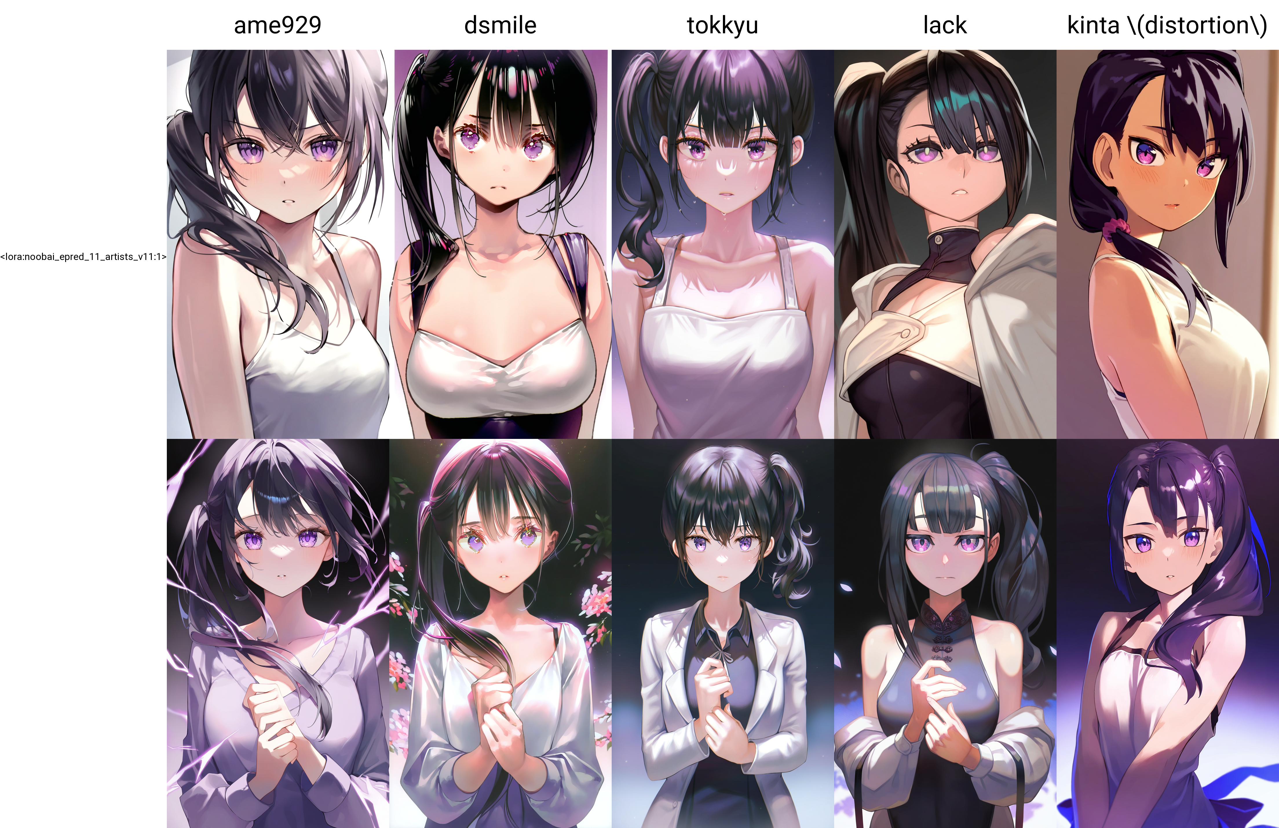 by ame929,
1girl, solo, black hair, purple eyes, side ponytail, upper body,
masterpiece, best quality, very awa, absurdres
<lora:noobai_epred_11_artists_v11:1>