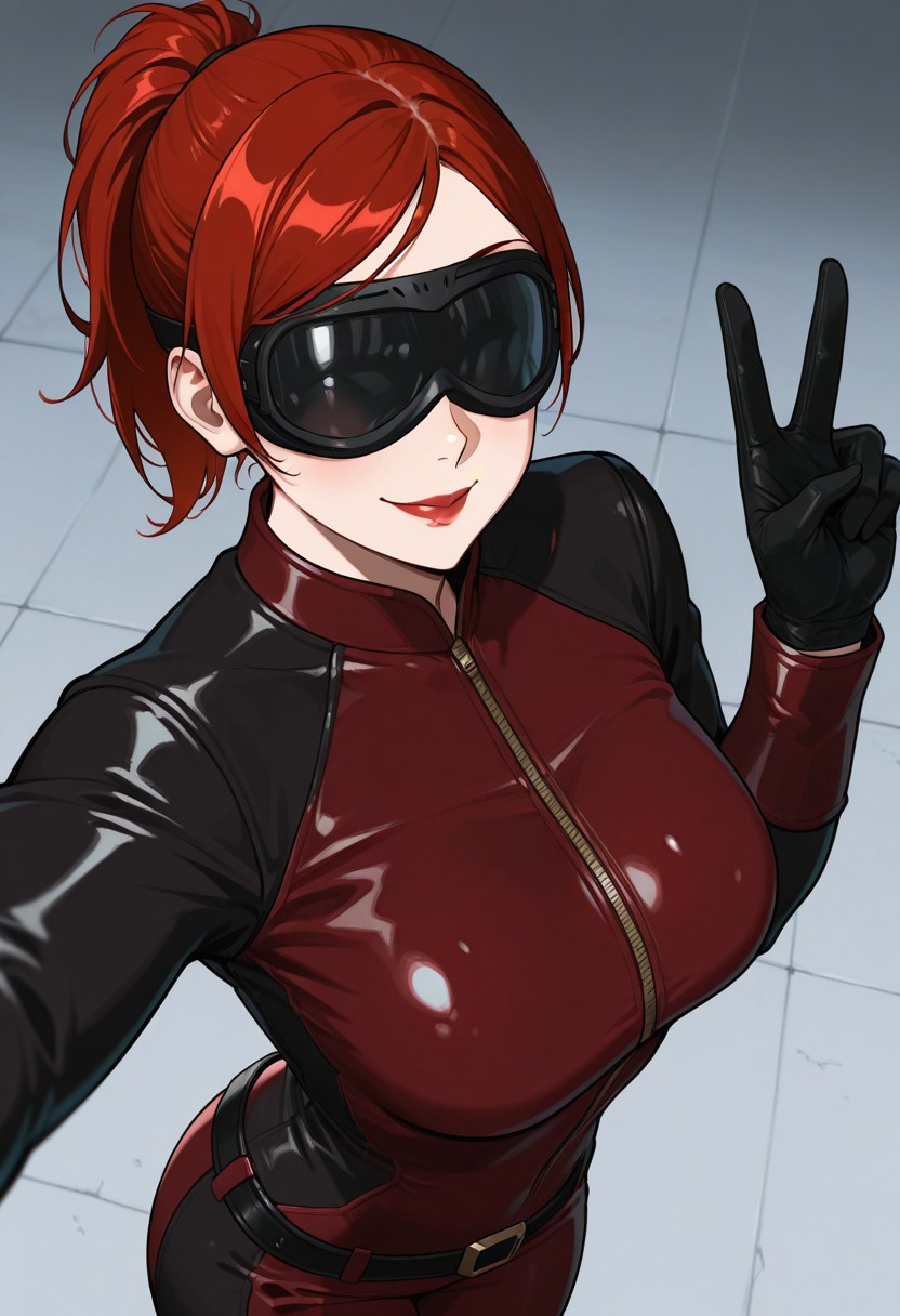 masterpiece, best quality, absurdres, 1girl, solo, annettegta, red hair, ponytail, lipstick, motorcycle goggles, ox blood catsuit, black gloves, belt, selfie, from above, peace sign, smile