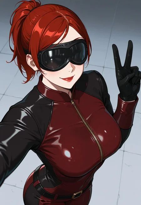 masterpiece, best quality, absurdres, 1girl, solo, annettegta, red hair, ponytail, lipstick, motorcycle goggles, ox blood catsuit, black gloves, belt, selfie, from above, peace sign, smile