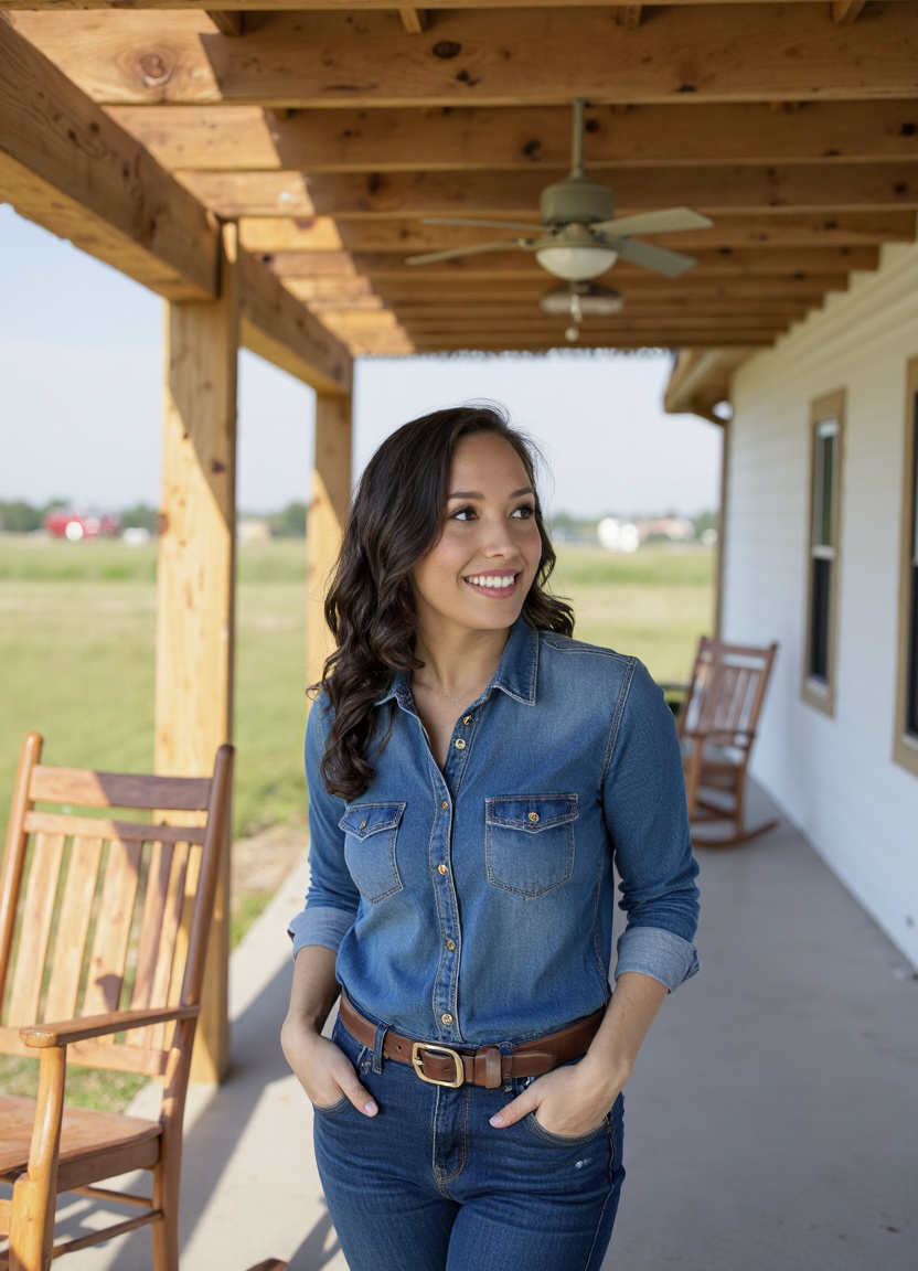 SFW, brightly lit, The image is a portrait of a woman standing on a porch with a wooden pergola. She is wearing a denim shirt with a button-down collar and blue jeans. She has a brown belt around her waist and her hands are in her pockets. The woman has e hair styled in loose waves and is looking off to the side with a slight smile on her face. In the background, there is a wooden rocking chair and a white wall with a window. The sky is blue and the grass is green, suggesting that the photo was taken during the day., aidmaimageupgrader<lora:flux\custom\celebrity\cheryl-burke.safetensors:1.05:1.05> <lora:turbo-8-step-flux.safetensors:0.5:0.5> <lora:flux\style\Common\aidmaImageUprader-FLUX-v0.3.safetensors:0.25:0.25>