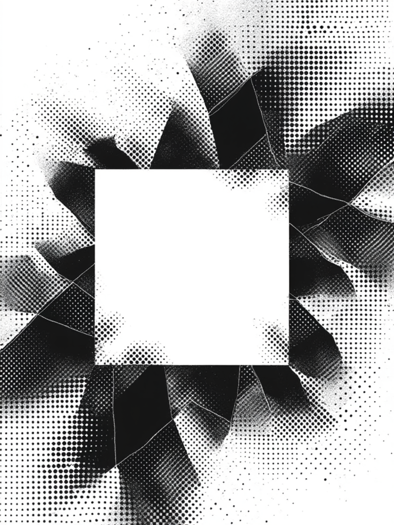 A poster with abstract shapes and a perfectly spaced halftone dot pattern. The subject is a square shape in the middle that is broken. halftone_glitch<lora:General Flux\darkdescent-halftone-glitch.safetensors:0.9:1.0>