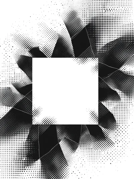 A poster with abstract shapes and a perfectly spaced halftone dot pattern. The subject is a square shape in the middle that is broken. halftone_glitch<lora:General Flux\darkdescent-halftone-glitch.safetensors:0.9:1.0>