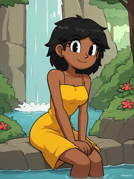 score_9, score_8_up, score_7_up, score_6_up, BREAK, 0al3r1e, 0al3r1e, 1girl, solo, smile, black hair, black eyes, medium breasts, dark-skinned female, dark skin, earrings, mole under eye, yellow dress, in the forest, sitting, leaning forward, flower, outdoors, day, water, tree, looking at viewer, waterfall, moss <lora:Valerie:1>