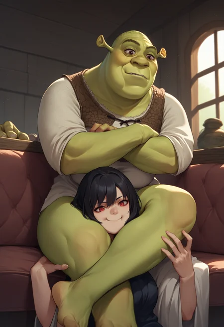 score_9, score_8_up, score_7_up, source_anime, scissorhold, leg lock, <lora:Scissorhold_BetweenThighs_XLPD:0.5>, sitting, indoors, 
BREAK 1boy, <lora:Shrek_XLPD:0.65> shrek, green skin
BREAK evil smile, 1girl, red eyes, black hair, long hair, large breasts, green skin,