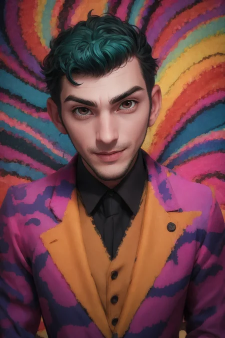 Psychedelic style, Joker 1man, (alexito1.3), brown eyes, looking at viewer, solo, masculine, meme quality, upper body, <lora:alexito-05:0.8> . Drama, mental health, Gotham City, highly detailed, Vibrant colors, swirling patterns, abstract forms, surreal, trippy