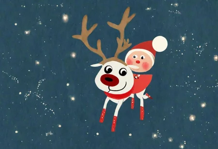 A reindeer floating in space, wearing a red and white cape, vintage color drawing, red nose, 4 legs, cute puppet riding