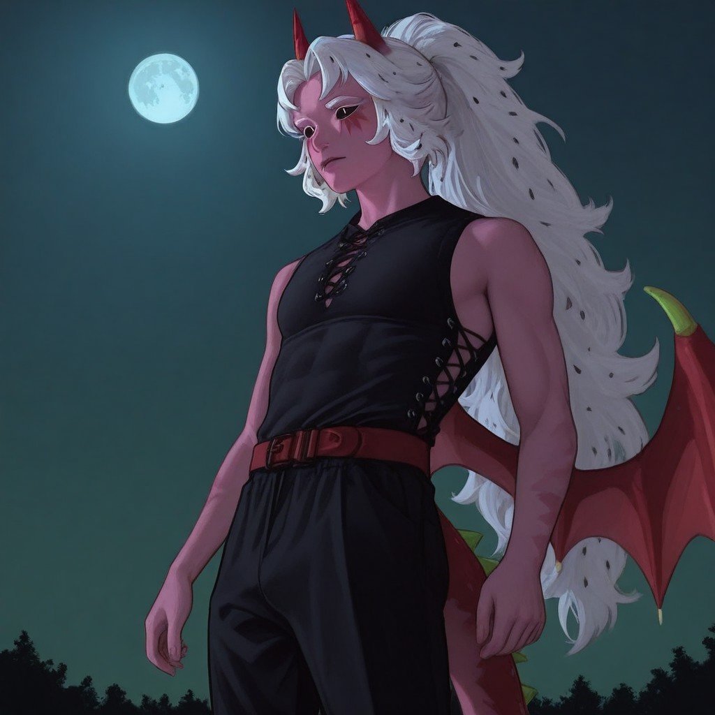 score_9, score_8_up, score_7_up, score_6_up, score_5_up, score_4_up, masterpiece, best quality, newest, absurdres, highres, Anime-art, Art8st, Night, darkness, dark, Semi-realism, semi-realistic,
BREAK,
1boy, crk, pitayadragoncookie, dragon boy, pink skin, light skin, light pink skin, white hair, black seeds in hair, long hair, black sclera, white slit pupils, white eyelashes, white eyebrows, facepaint, dark pink facepaint, red horns, gradient horns, green gradient on horns, scales, scales on skin, dragon wings, wings, red wings, gradient wings, green gradient on wings, tail, spiky tail, red tail, gradient tail, green gradient on tail,  dragon claws, claws, dragon feet, talons, ponytail, black pants, red belt, sleeveless, black top, cross-laced clothes,
BREAK,
outside, moon glow, night time, halfbody, close up,