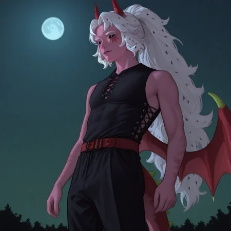 score_9, score_8_up, score_7_up, score_6_up, score_5_up, score_4_up, masterpiece, best quality, newest, absurdres, highres, Anime-art, Art8st, Night, darkness, dark, Semi-realism, semi-realistic,
BREAK,
1boy, crk, pitayadragoncookie, dragon boy, pink skin, light skin, light pink skin, white hair, black seeds in hair, long hair, black sclera, white slit pupils, white eyelashes, white eyebrows, facepaint, dark pink facepaint, red horns, gradient horns, green gradient on horns, scales, scales on skin, dragon wings, wings, red wings, gradient wings, green gradient on wings, tail, spiky tail, red tail, gradient tail, green gradient on tail, dragon claws, claws, dragon feet, talons, ponytail, black pants, red belt, sleeveless, black top, cross-laced clothes,
BREAK,
outside, moon glow, night time, halfbody, close up,