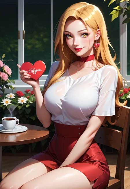 score_9, score_8_up, score_7_up,
sexy 18 year old pale human woman, detailed face, beautiful , make up, lipstick, earrings, choker, top model model, aperture, captivating, long leg, captivating beauty, seductive, sexy pose, look at the viewer, (sitting:1.2),
minsoda, 1girl, solo, yellow eyes, blonde hair, long hair, forehead, liked, smile,
shirts, skirts, white sport shoes, cafe, table, coffee, (heart shaped box:1.4), (valentines day:1.2), hearts, flowers, chair, windows, sakura trees outside, bright colors, high contrast, vivid lighting