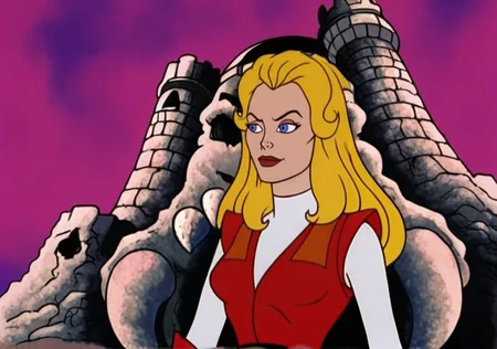 ad0ra, princess, blonde hair, blue eyes, red leotard jacket, friendly, light smile, white sleeves, red bracers, upper body, belt <lora:She-Ra_Princess_of_Power_1987_-_Pony:0.9>, castle greyskull background,
