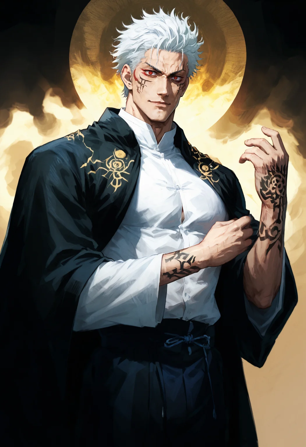 score_9, score_8_up, score_7_up, score_6_up, score_5_up, score_4_up,
<lora:FantasyPaintingsPonyXL:1> pa1nt1ng,
1boy, back tattoo, black cloak, character:gojou satoru, character:ryoumen sukuna (jujutsu kaisen), cloak, extra eyes, facial tattoo, possessed, rating:general, red eyes, robe, series:jujutsu kaisen, smile, tattoo, white hair, white robe, wrist tattoo