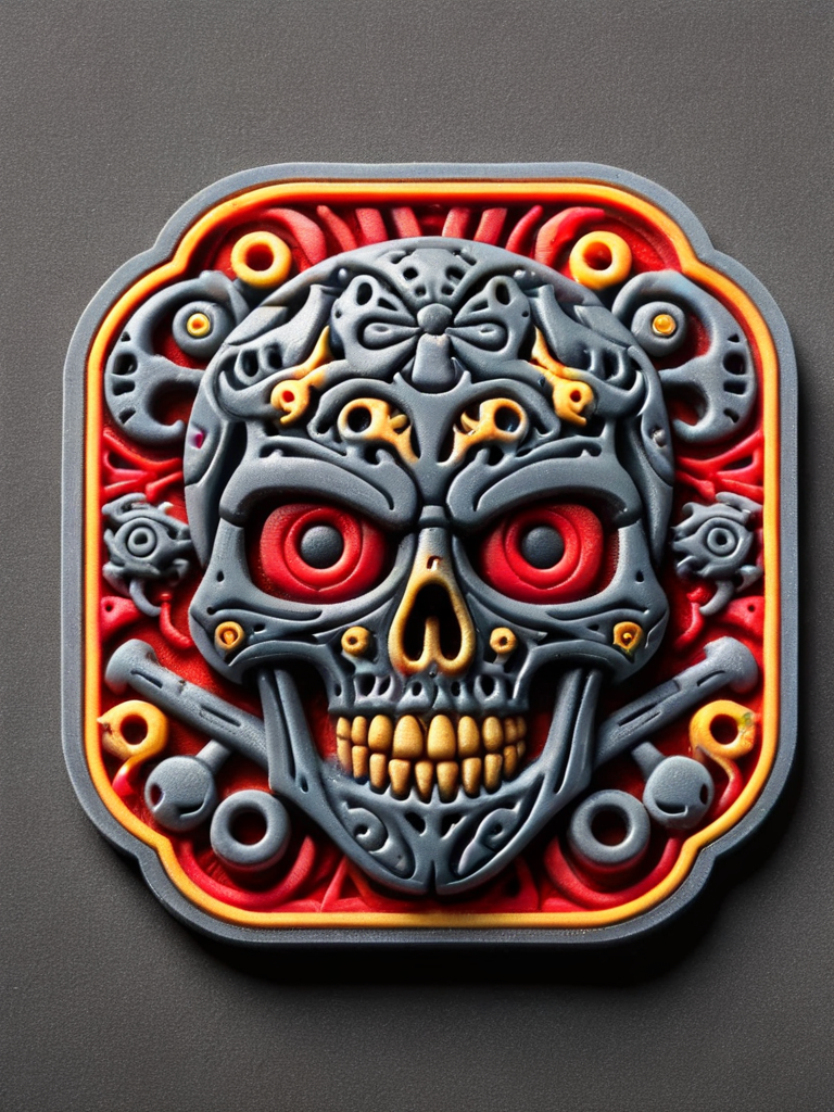 a metalic skull with red eyes and screws and bolts, hells angels style <lora:ral-rubberpatch:1> ral-rubberpatch