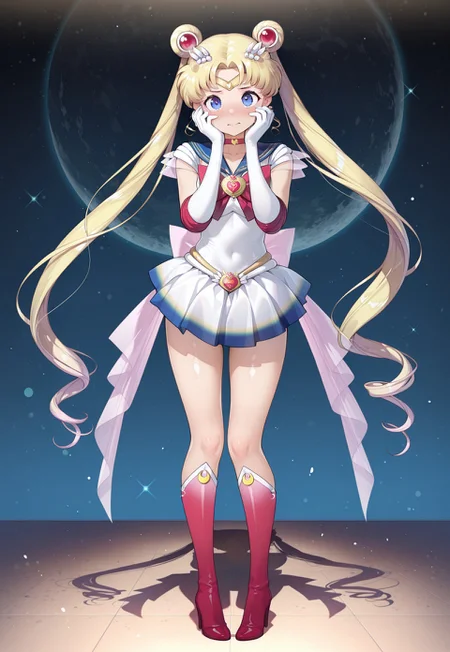masterpiece,extremely detailed,best quality,amazing quality,newest,absurdres,highres, super detailed skin,1 girl ,(super_sailor_moon:1.1), twintails, circlet, earrings, choker, white back bow ,gloves, multicolored skirt, miniskirt, ,shiny skin, a-pose, ,holding her face in both hands,,pigeon toed,