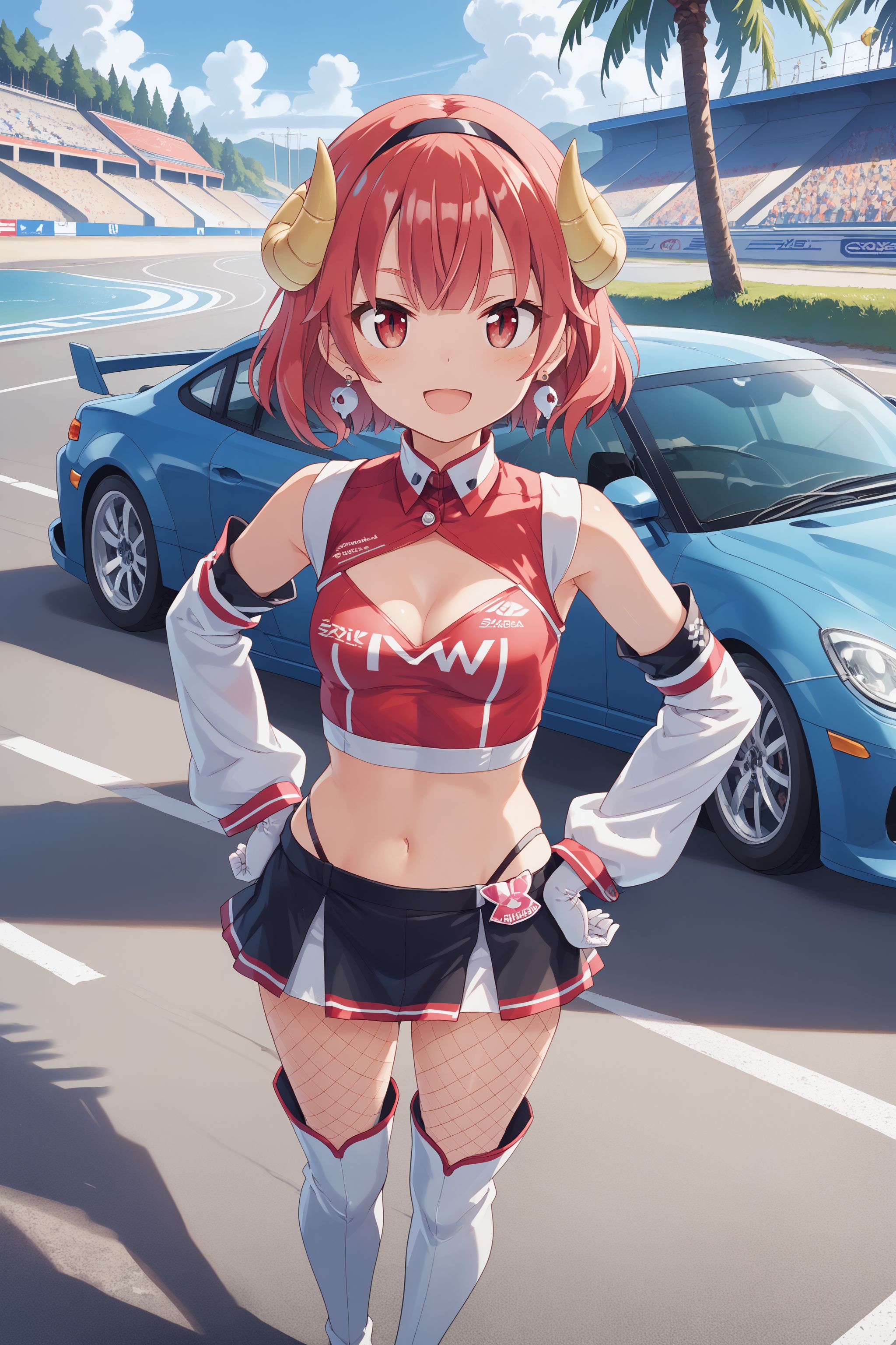 score_max, (score_9, score_8_up, score_7_up:1.0), score_6_up, official art,
, masterpiece, absurdres, high detail, 8k,
summer, road, beach, car, pine tree, sunshine, sunbeam, mazda mx-5,
standing, hands on hips, walking, seductive smile, blush, open mouth,
kurona, demon horn, race queen, hairband, earrings, jewelry, red shirt, crop top, cleavage cutout, small breasts, elbow gloves, white gloves, midriff, miniskirt, black skirt, highleg panties, fishnet pantyhose, mismatched footwear, thigh boots, white footwear, black boots,
<lora:XL_Pony_game-galgun2-kurona-t1:1>