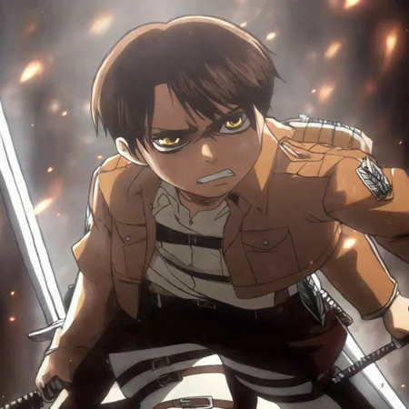 an anime character, adult eren yeager from attack on titan holding swords in his hand in the style of attack on titan, light red and yellow, Chibi-style.Crisp and clean look