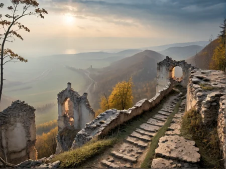 Hyperrealistic art professional photo, scenery, skanzen, narrow forest path, cliffs, (ruins), dramatic sky, castle ruin on cliff hill in background (natural colors, correct white balance, color correction, dehaze,clarity), . Extremely high-resolution details, photographic, realism pushed to extreme, fine texture, incredibly lifelike <lora:SkanzenXL:1.2>