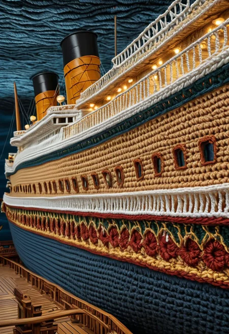 The scene from the Titanic with arms out on the front of the ship, in the style of crochet, vibrant, Masterpiece, (8k), highest-quality, intricate details, highly detailed, best artist, micro-details, micro-details within the micro-details, sharp edges, detailed textures, ((full body cinematic)), atmospheric lighting, visually stunning, perfect composition, trending on artstation