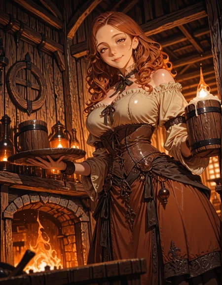 masterpiece, best quality,high quality, newest, highres,8K,HDR,absurdres, 1girl, solo, tavern worker, warm smile, wavy chestnut hair, tied with a ribbon, corset dress, off-the-shoulder blouse, flowing skirt, holding a tray of ale, rustic wooden tavern, candlelit ambiance, warm glow from fireplace, wooden barrels in background, joyful expression, freckles, jewelry with simple charms, wooden mugs clinking, lively medieval fantasy setting, detailed background, depth of field, dynamic pose, rich color palette, detailed background, dynamic pose, dynamic composition,dutch angle, detailed backgroud,foreshortening,blurry edges <lora:iLLMythG0thicL1nes:1> G0thicL1nes