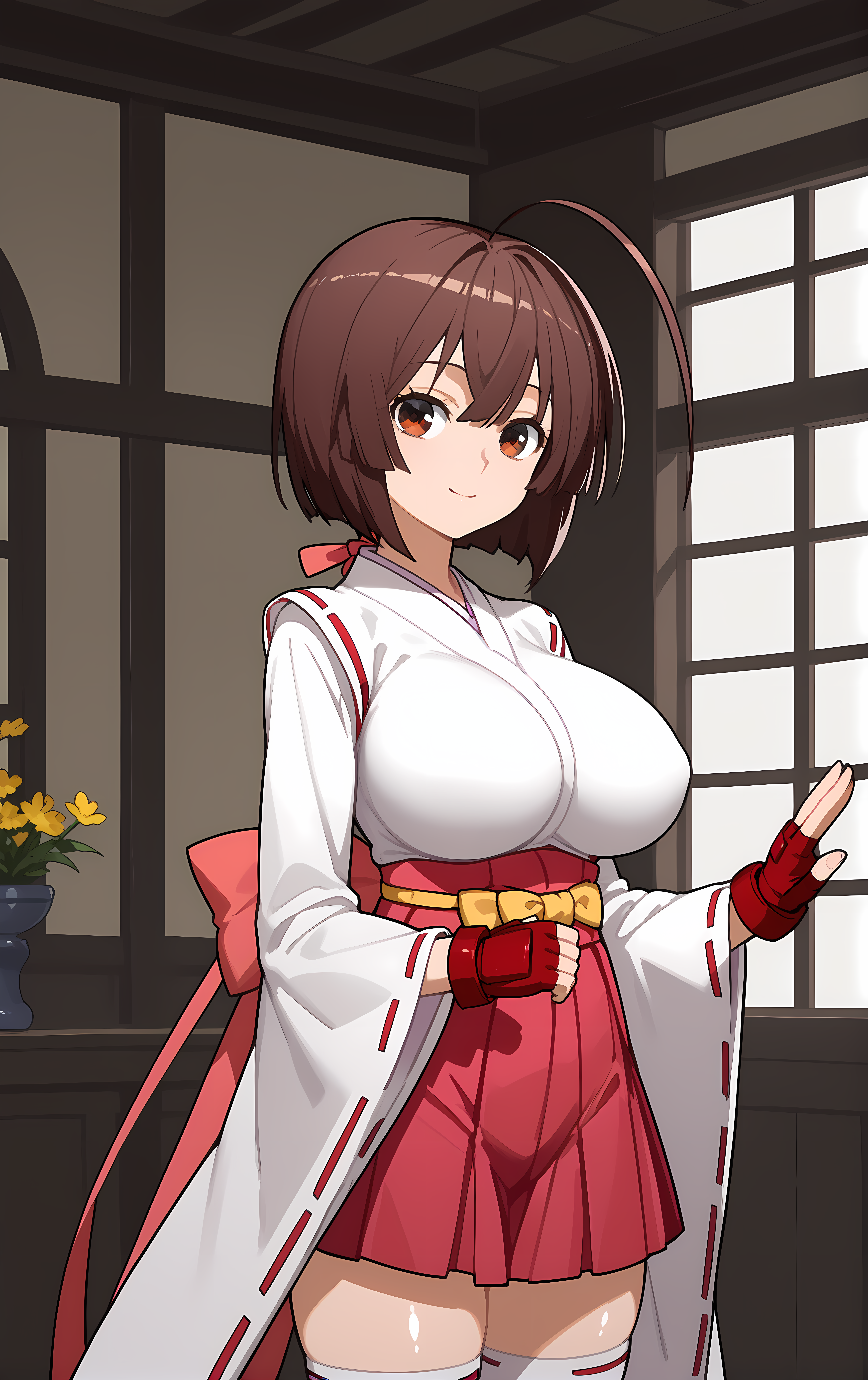 (score_9, score_8_up, score_7_up), looking at viewer, smile, closed mouth, shiny skin,
ohwx, 1girl, solo, brown_hair, brown_eyes, long_hair, ahoge, breasts, short_hair, large_breasts, ahoge, huge_ahoge,
fingerless_gloves, bare_shoulders, bow, gloves, hakama, hakama_short_skirt, hakama_skirt, impossible_clothes, impossible_shirt, jacket, japanese_clothes, kimono, long_sleeves, miko, red_gloves, red_ribbon, ribbon, ribbon_trim, sash, shirt, skirt, thighhighs, white_thighhighs, wide_sleeves, zettai_ryouiki,
medieval village, Standing, pretending to smell a big flower,
<lora:musubi_pony_ss-000001:1>