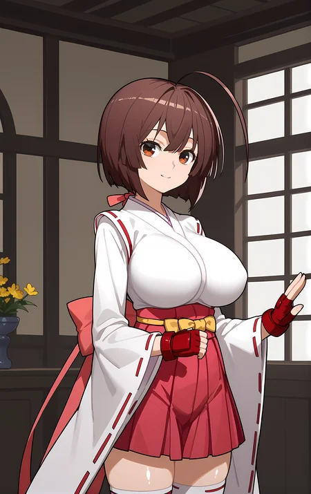 (score_9, score_8_up, score_7_up), looking at viewer, smile, closed mouth, shiny skin,
ohwx, 1girl, solo, brown_hair, brown_eyes, long_hair, ahoge, breasts, short_hair, large_breasts, ahoge, huge_ahoge,
fingerless_gloves, bare_shoulders, bow, gloves, hakama, hakama_short_skirt, hakama_skirt, impossible_clothes, impossible_shirt, jacket, japanese_clothes, kimono, long_sleeves, miko, red_gloves, red_ribbon, ribbon, ribbon_trim, sash, shirt, skirt, thighhighs, white_thighhighs, wide_sleeves, zettai_ryouiki,
medieval village, Standing, pretending to smell a big flower,
<lora:musubi_pony_ss-000001:1>