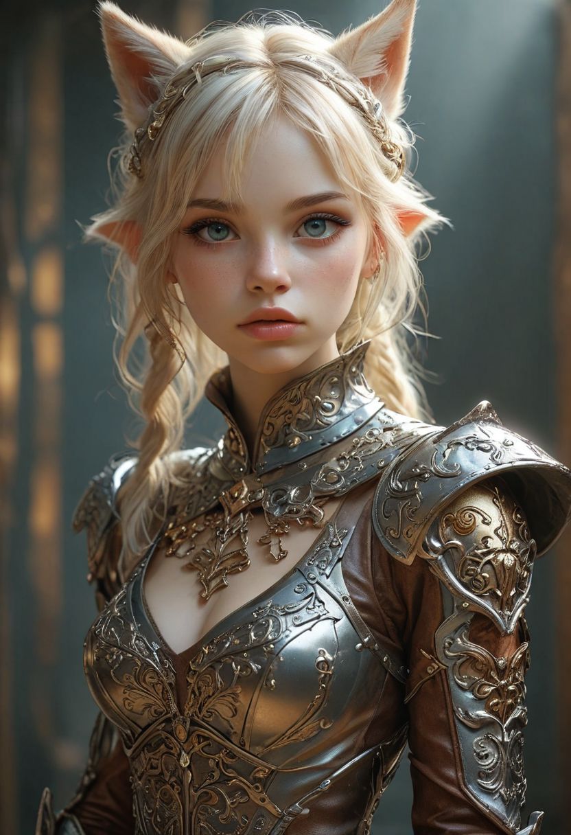 A 24 year old Blond hair girl-fox with elfin features. She wears a fairypunk adornments, delicate patterns and intricate filigree. (cleavage), top too small, skindentation, plunging neckline, bursting breasts, breastplate, Gladiator,  chainmail, silver armor, Silver clothes, Gold Trim, Leather Belts, shoulder armor, (navel:1.2),  gauntlets, thigh armor, hip armor, huge eyes, fleshy big lips,  too much jewelry, long legs, fake eyelashes, long hair, makeup, medium breasts (pointy ears:1.2), 
Cowboy shot, body focus, hips, legs
Translucency
moody picture
volumetric light
translucency
Depth of Field
Low Saturation
dramatic light
high contrast, vivid lighting,
dark background, 
screen space reflections (ssr)
abstract techniques, 
AirBrush effects, 
decorative details, 
64k resolution,
popularized on Artstation,