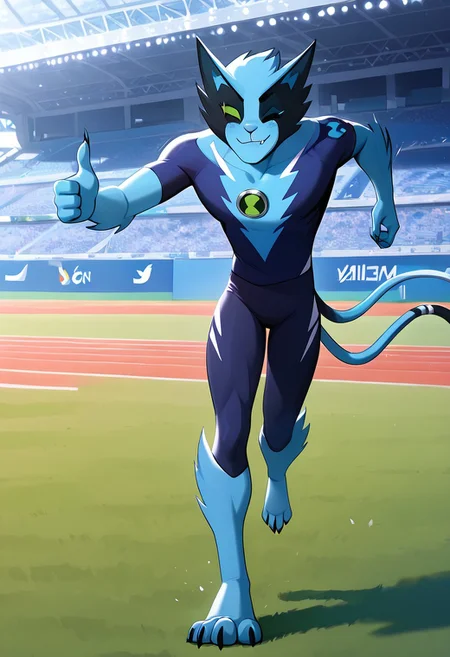 masterpiece, best quality, amazing quality, very aesthetic, absurdres, newest,, detailed background, 
fastrack, solo, blue skin, green eyes,  claws, green badge, fang,, feline tail,  wide jaw, masculine, blue chest, digitigrade legs,
stadium, running, crossing lines, smile, wink, finger guns, looking at camera, marathn stadium, olympics, running track
