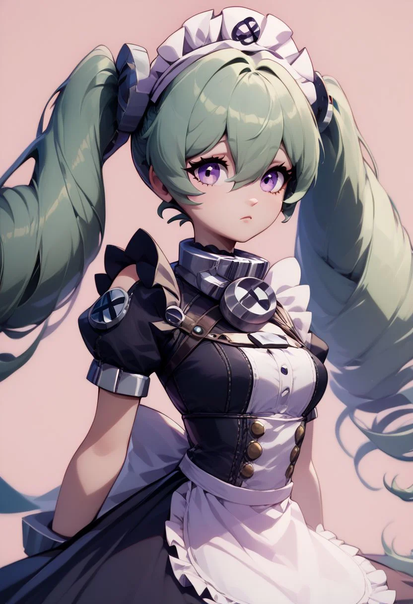 score_9, score_8_up, score_8, big breasts, (curvy), cute, eyelashes,
BREAK,
corin wickes, 1girl, green hair, purple eyes, hair between eyes, twintails, maid headdress, puffy short sleeves, black dress, white apron,
zPDXL,