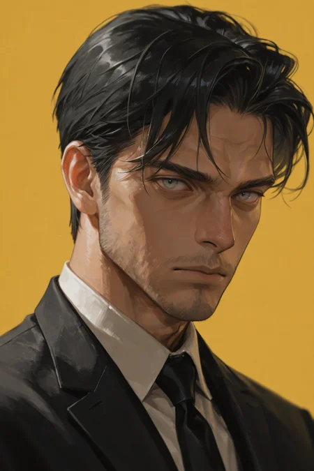 1boy, solo, male focus, black hair, necktie, looking at viewer, formal, portrait, black necktie, suit, simple background, shirt, collared shirt, , silver eyes, , closed mouth, , jacket, black jacket, nose, , yellow background, expressionless, swept bangs, parted bangs,
 <lora:rimixO:0.65>, masterwork, masterpiece, best quality,  detailed, depth of field, , high detail, best quality, very aesthetic, 8k, dynamic pose, depth of field, dynamic angle, adult,  aged up