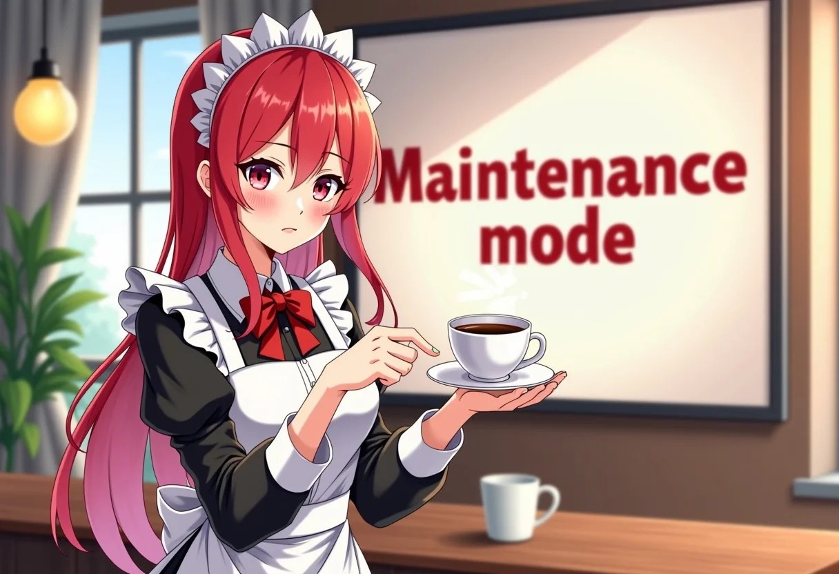 maid anime girl with two tone pink and red hair inviting viewer to have a coffee, cup of coffee, cafe, big screen with text "Maintenance mode" behind her
