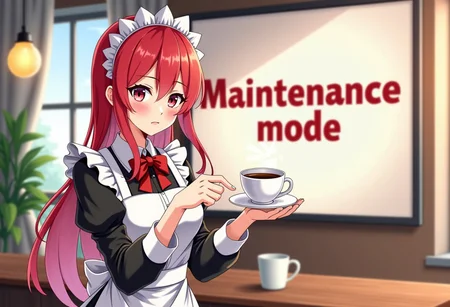 maid anime girl with two tone pink and red hair inviting viewer to have a coffee, cup of coffee, cafe, big screen with text "Maintenance mode" behind her