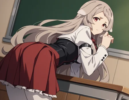 score_9, score_8_up, score_7_up, source_anime,
pursenaadoldia, <lora:pursena-adoldia-s2-ponyxl-lora-nochekaiser:1>,
pursena adoldia, long hair, red eyes, animal ears, very long hair, grey hair,
skirt, long sleeves, pantyhose, frills, shoes, red skirt, loafers, white pantyhose, blazer, white blazer, corset, black corset,
indoors, classroom, bent over,
looking at viewer, dutch angle, cowboy shot,