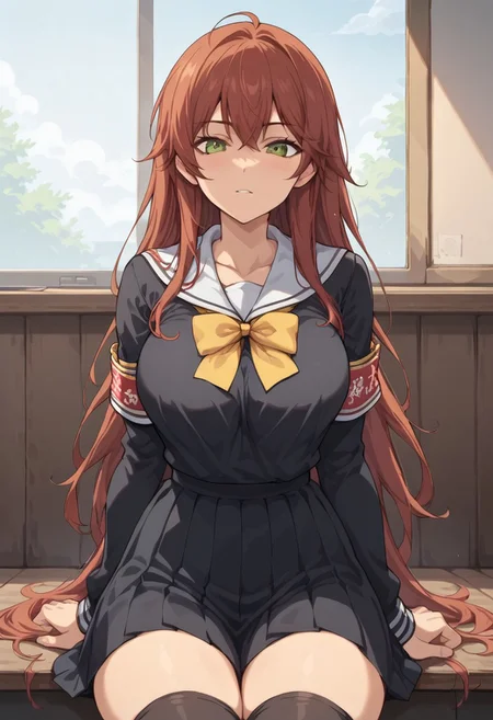 score_9, score_8_up, score_7_up, 1girl, solo, 1girl, solo, Kyouko Inukai, big breasts, red hair, long hair, green eyes, slender body,
school uniform, pleated skirt, black serafuku, black thighhighs, black skirt, yellow bow, yellow armband, front view,
overall detail, high resolution, masterpiece, detailed clother, highly detailed