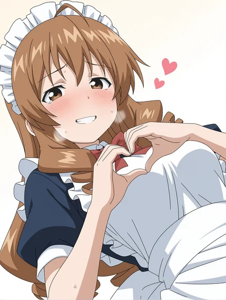 masterpiece,best quality,newest,
1girl,solo,
<lora:tokita_ayumi_ilxl_v1.1:1>,ayumi,a_m_clothes,maid headdress,apron,blue maid outfit,embarrass,<lora:Fixhands_anime_bdsqlsz_V1:1>,dynamic_angle,cinematic_angle,simple_background,white_background,face_focus,grin,light_blush,looking_at_viewer,heart hands,upper_body,shy,blush,sweat,heavy_breathing,spasm,tearing_up,