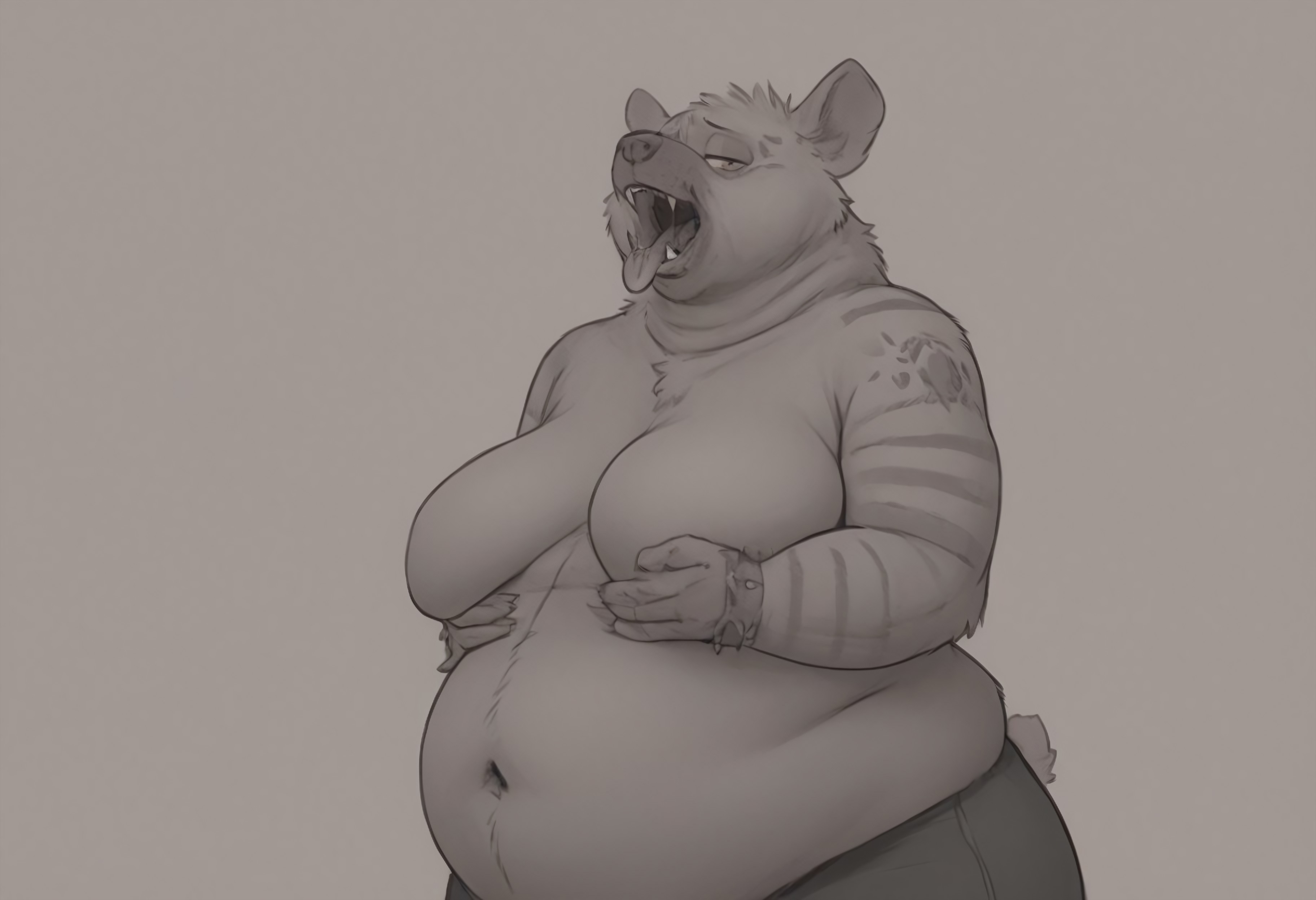 safe_pos, obese , feed,stuffing,stuffed,furry,  BadDream  sleeves, striped sleeves fingerless gloves,1girl, Fuck the world hair style,  Dark golden yellow hyena eyes, piercings in both ears, tattoos on shoulders and down one arm, spiked bracelet,  anthro, female, (sagging fat breasts "Swelling with near-overflowing brav"), (out of shape, weight gain), Fangs showing  mouth wide open,  tongue out, food, fat out of shape, heavy belly, larger midsection, excess fat accumulating around the  lower abdomen BREAK
Short upper body, macking shenz fat bodey get fat love handels , and fold of fat , with fat folded arms and soft shoulders,(((dubbel chin)))   BREAK  Animal ears, snout, purple lipstick and eyeshadow, black skirt, trashy stylish jeens, ript pants, black thick fur covering the hyenas bodey, grey fur on head and shoulders, short hyena tail, sharp teeth and claws.(masterpiece, best quality,  detailed, detailed fur, hi res, ), (8k, uhd, ultra-detailed, ), BREAK   (masterpiece, best quality,  detailed, detailed fur, hi res, ), (8k, uhd, ultra-detailed, ) weights [1], BREAK