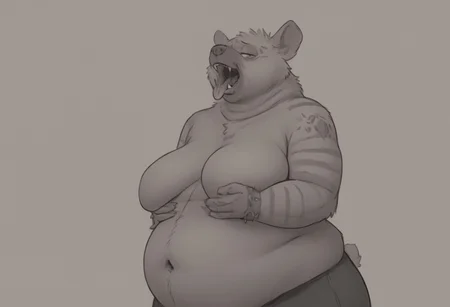 safe_pos, obese , feed,stuffing,stuffed,furry,  BadDream  sleeves, striped sleeves fingerless gloves,1girl, Fuck the world hair style,  Dark golden yellow hyena eyes, piercings in both ears, tattoos on shoulders and down one arm, spiked bracelet,  anthro, female, (sagging fat breasts "Swelling with near-overflowing brav"), (out of shape, weight gain), Fangs showing  mouth wide open,  tongue out, food, fat out of shape, heavy belly, larger midsection, excess fat accumulating around the  lower abdomen BREAK
Short upper body, macking shenz fat bodey get fat love handels , and fold of fat , with fat folded arms and soft shoulders,(((dubbel chin)))   BREAK  Animal ears, snout, purple lipstick and eyeshadow, black skirt, trashy stylish jeens, ript pants, black thick fur covering the hyenas bodey, grey fur on head and shoulders, short hyena tail, sharp teeth and claws.(masterpiece, best quality,  detailed, detailed fur, hi res, ), (8k, uhd, ultra-detailed, ), BREAK   (masterpiece, best quality,  detailed, detailed fur, hi res, ), (8k, uhd, ultra-detailed, ) weights [1], BREAK