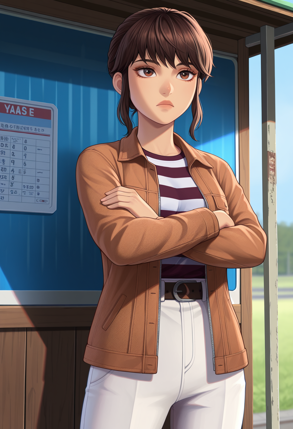 masterpiece, best quality, 1girl, solo, <lora:Yasmina [Illustrious] Jurassic World Camp Cretaceous:1>, yaz, brown hair, brown eyes, short hair, sidelocks, brown jacket, open jacket, striped shirt, white pants, crossed arms, expressionless, outdoors, bus stop,