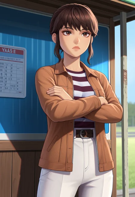 masterpiece, best quality, 1girl, solo, <lora:Yasmina [Illustrious] Jurassic World Camp Cretaceous:1>, yaz, brown hair, brown eyes, short hair, sidelocks, brown jacket, open jacket, striped shirt, white pants, crossed arms, expressionless, outdoors, bus stop,