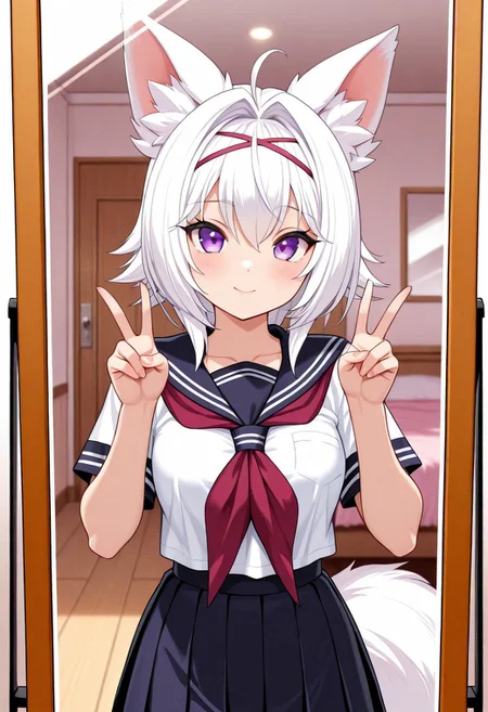 solo, woman, filian, purple eyes, white hair, fox ears, school uniform, animal ears, tail, mirror shot, v hand pose, room, high quality, best quality, masterpiece, 4k resolution, anime